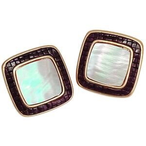 VTG Signed Monet Clip On Earrings Mother Of Pearl Square Enamel 70s Elegant